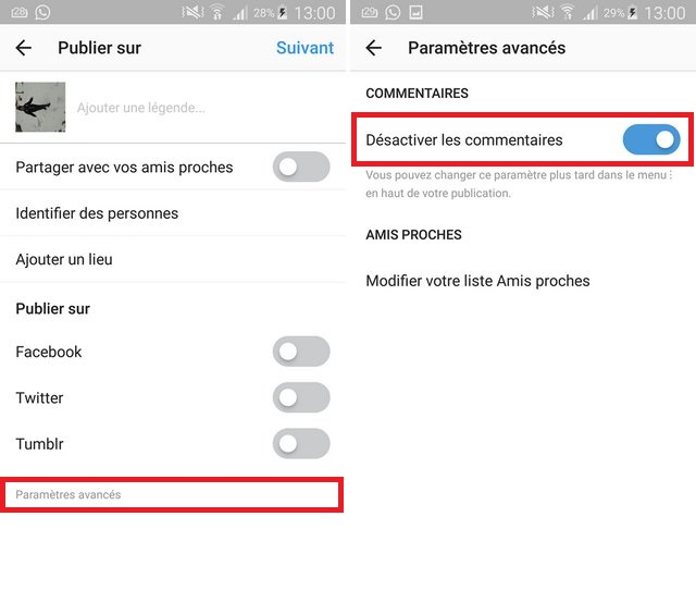 désactiver les commentaires sur Instagram