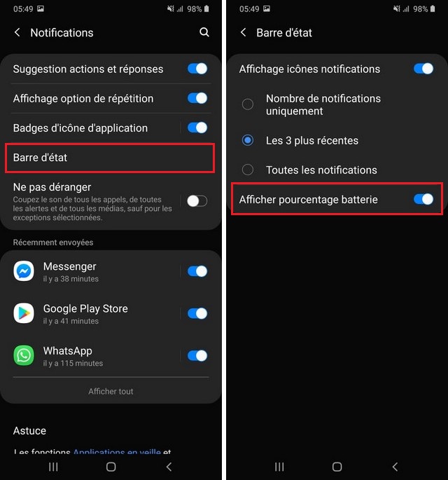 Afficher le pourcentage de batterie