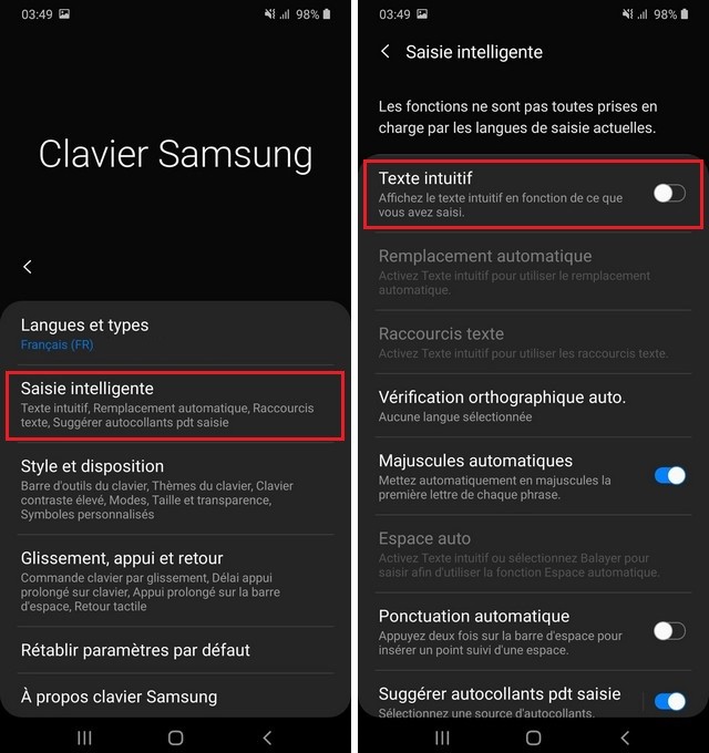 Desactiver le Texte intuitif