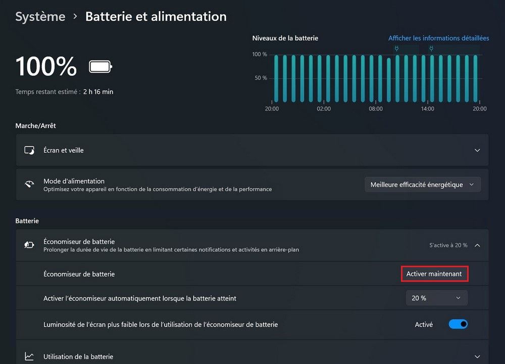Activer l'économiseur de batterie sur Windows 11