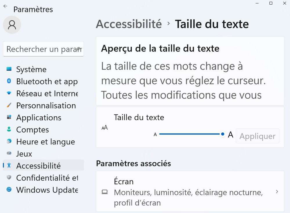 Changer la taille de la police dans Windows 11