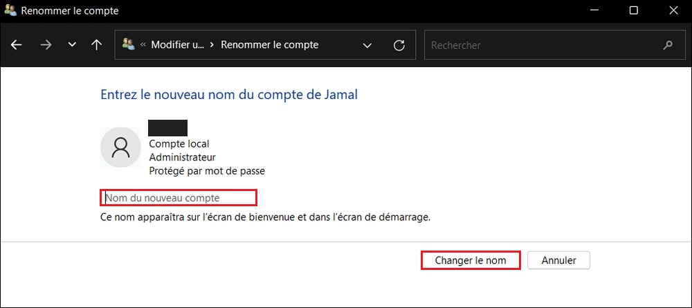 Changer le nom d'utilisateur Windows 11