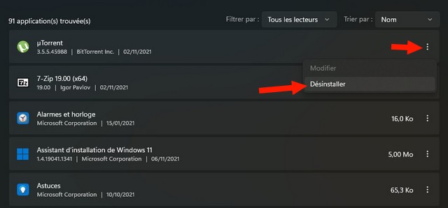 désinstaller une application sur Windows 11