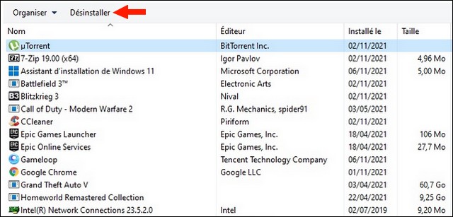 sélectionnez désinstaller