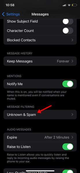 Appuyez sur l'option Inconnu et spam