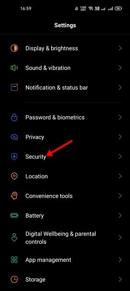 Appuyez sur l'option Sécurité