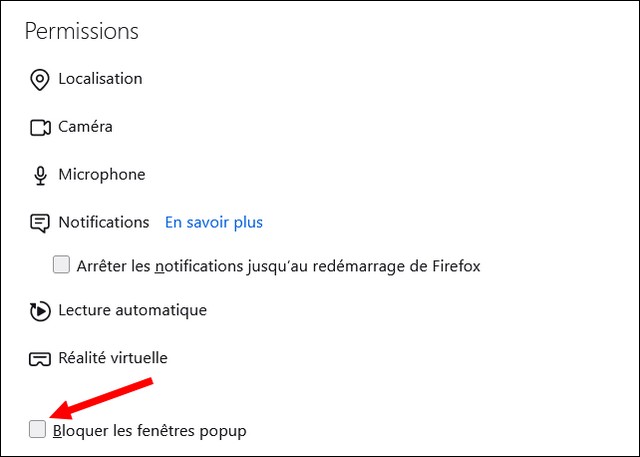 Désactiver le bloqueur de fenêtres popup