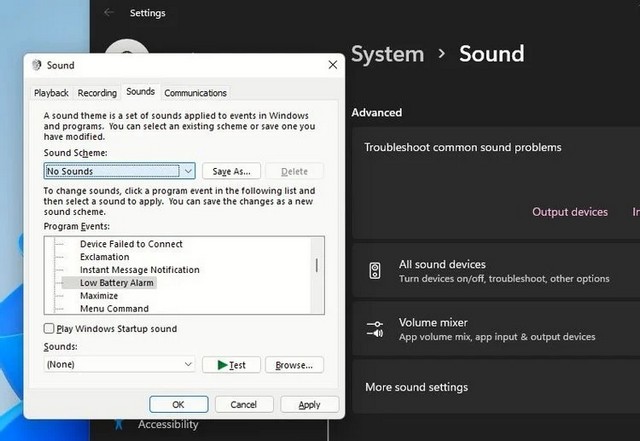 Désactiver les sons du système sous Windows 11