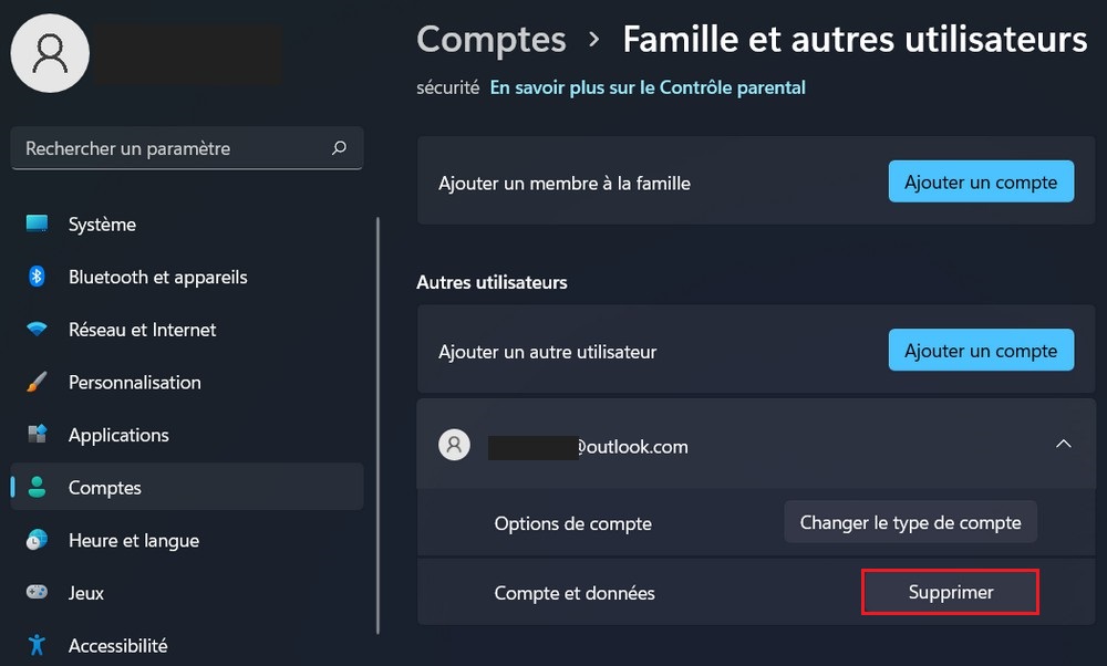 Supprimer un compte utilisateur dans Windows 11