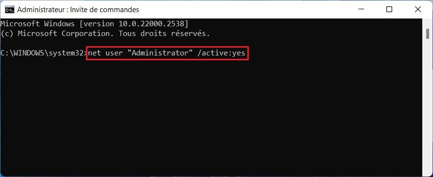 Activer le compte administrateur intégré à partir de l'invite de commande