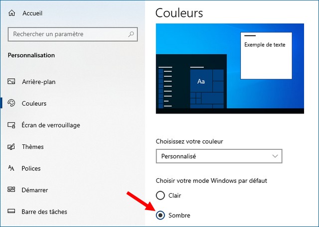 Cliquer sur Sombre