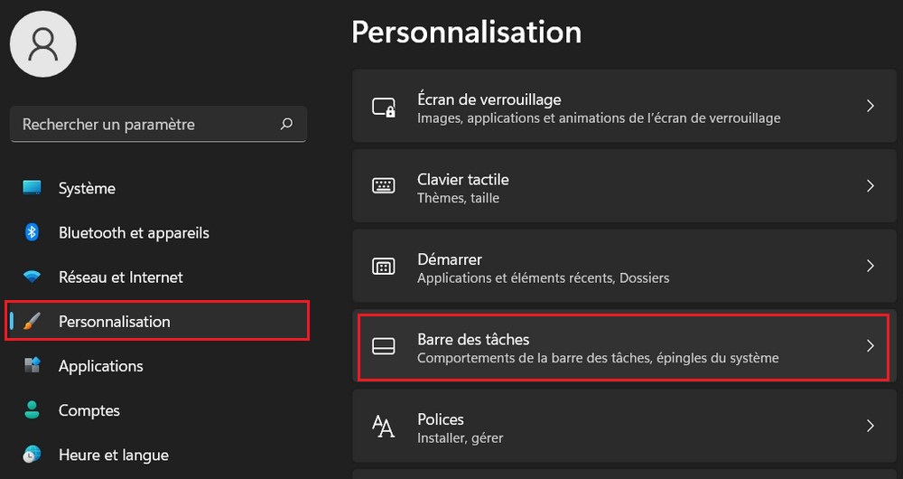 Cliquez sur la page Barre des tâches