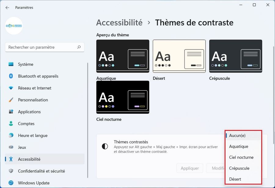 Activer le mode contraste élevé sous Windows 11