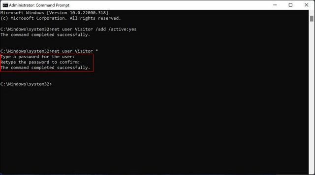 Confirmer le mot de passe dans l'invite de commande