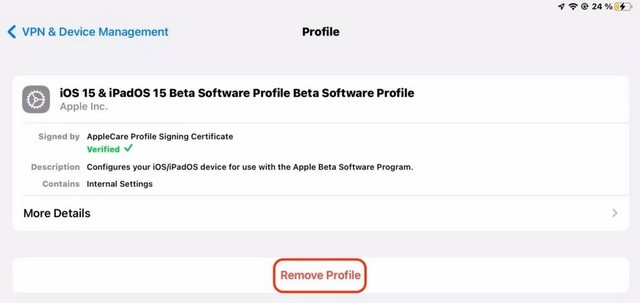 Suppression de la version bêta iOS 15