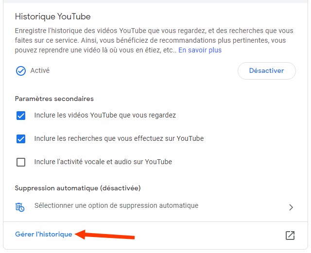 Cliquer sur Gérer l'historique