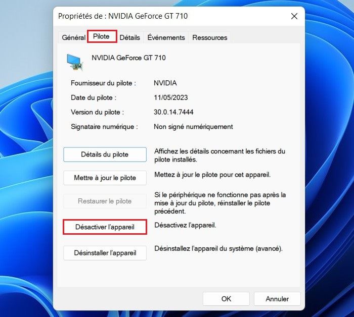 Réinitialiser le pilote de carte graphique
