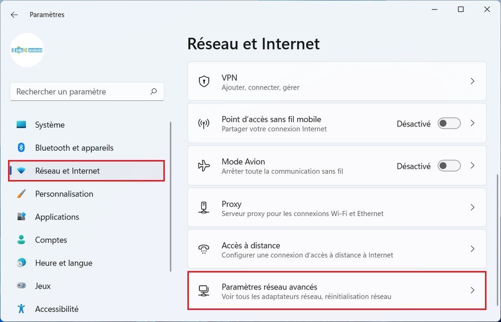 Réseau et Internet Windows 11