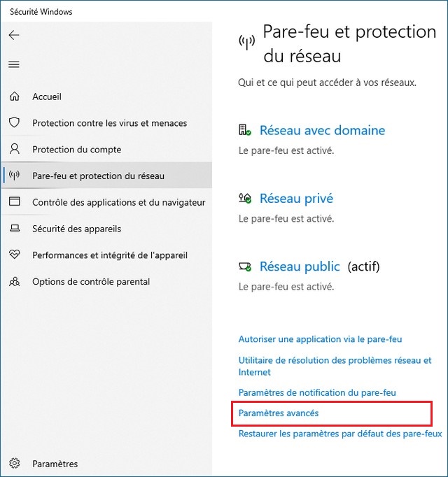 Cliquez sur Paramètres avancés pare-feu