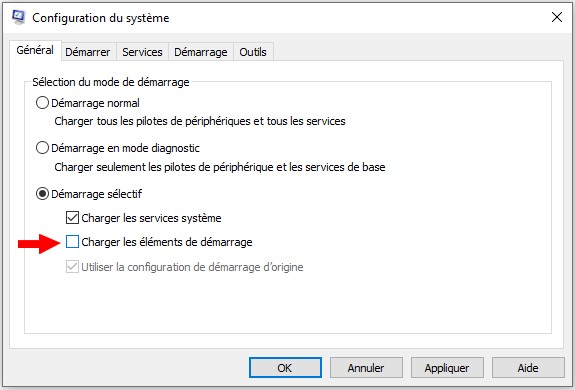 Décocher Charger les éléments de démarrage