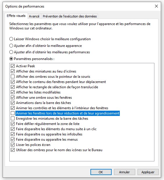 Désactiver les animations sous Windows 10