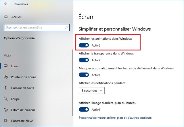Désactiver les animations sur Windows 10