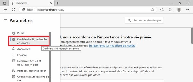 Paramètres Microsoft Edge