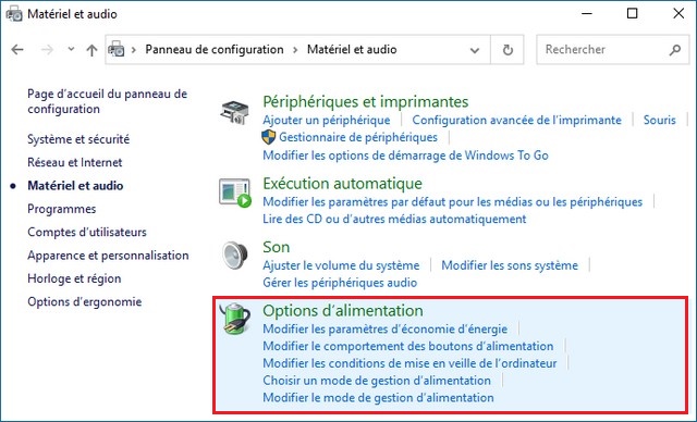 Cliquez sur Options d'alimentation