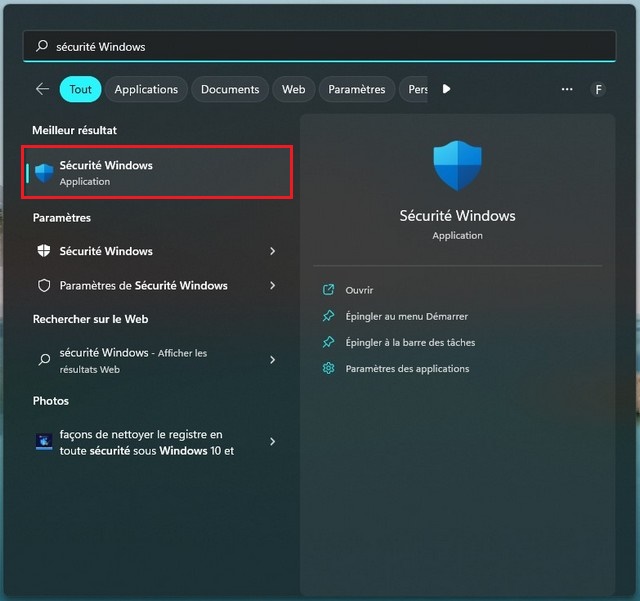 Ouvrez la sécurité Windows
