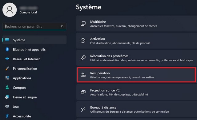 Cliquez sur Récupération