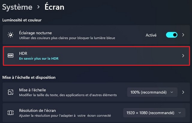 Cliquez sur le paramètre HDR