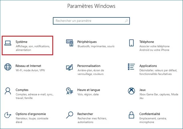 Paramètres Windows 10