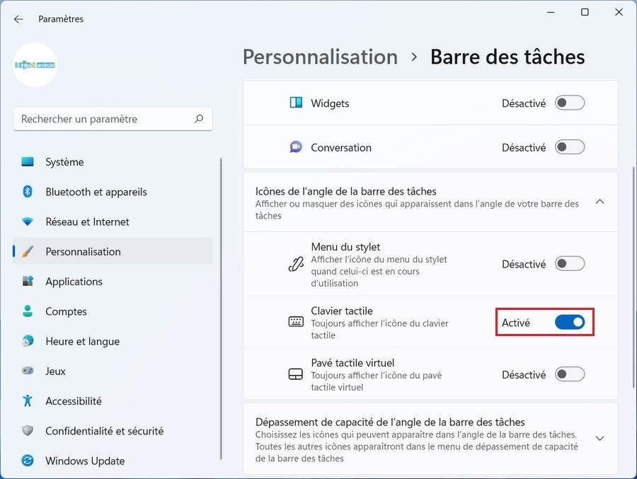 Activer le clavier tactile sur windows 11