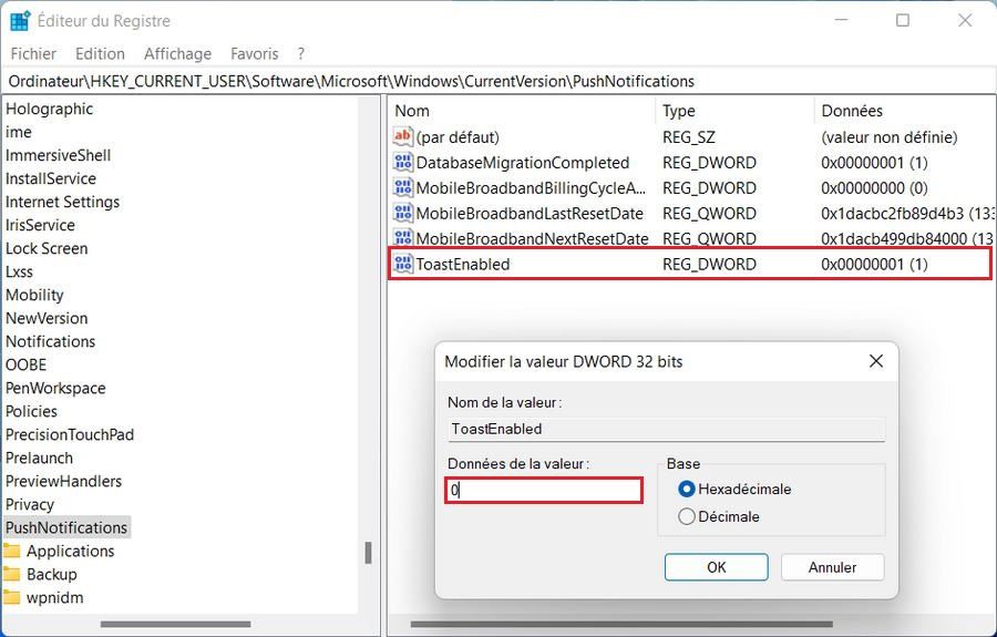 Désactiver les notifications avec le registre