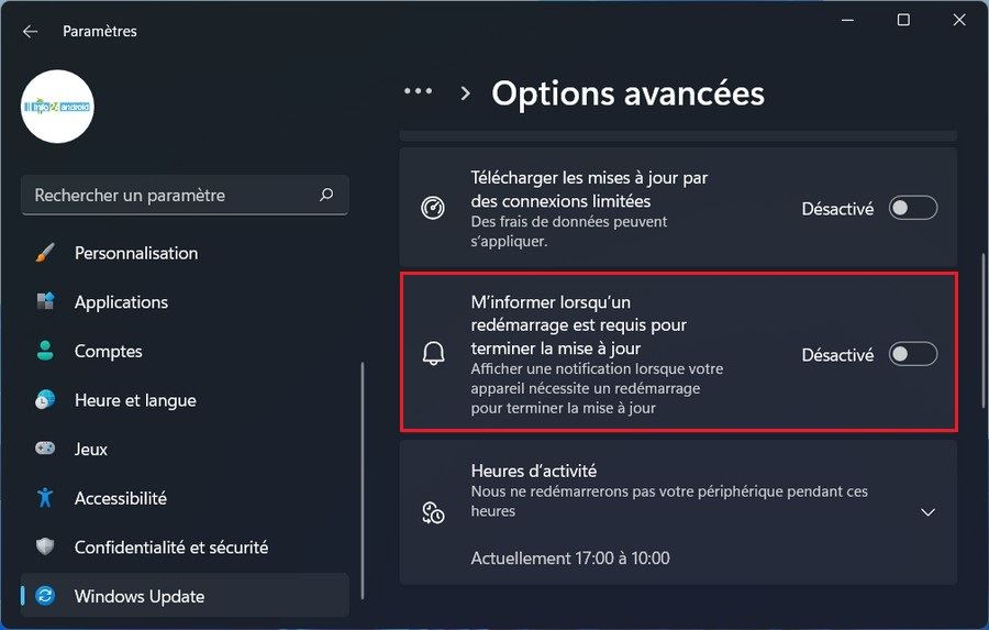 Désactiver les notifications de badge Windows Update