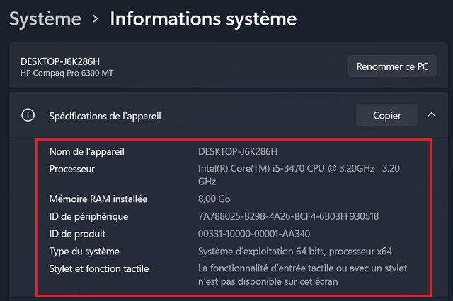 Vérifiez les spécifications de l'ordinateur