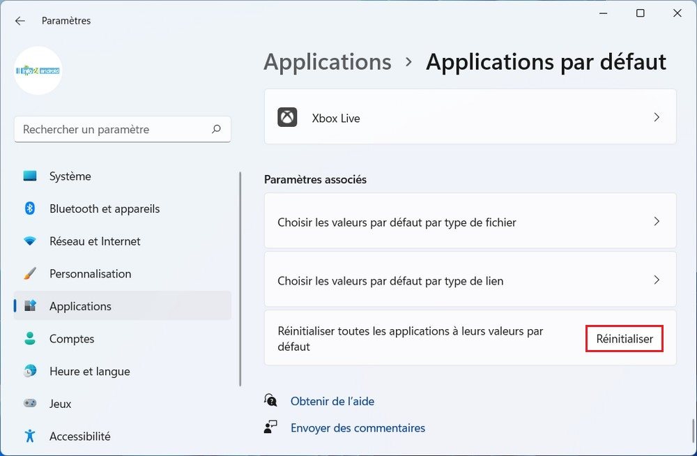 Réinitialiser toutes les applications par défaut