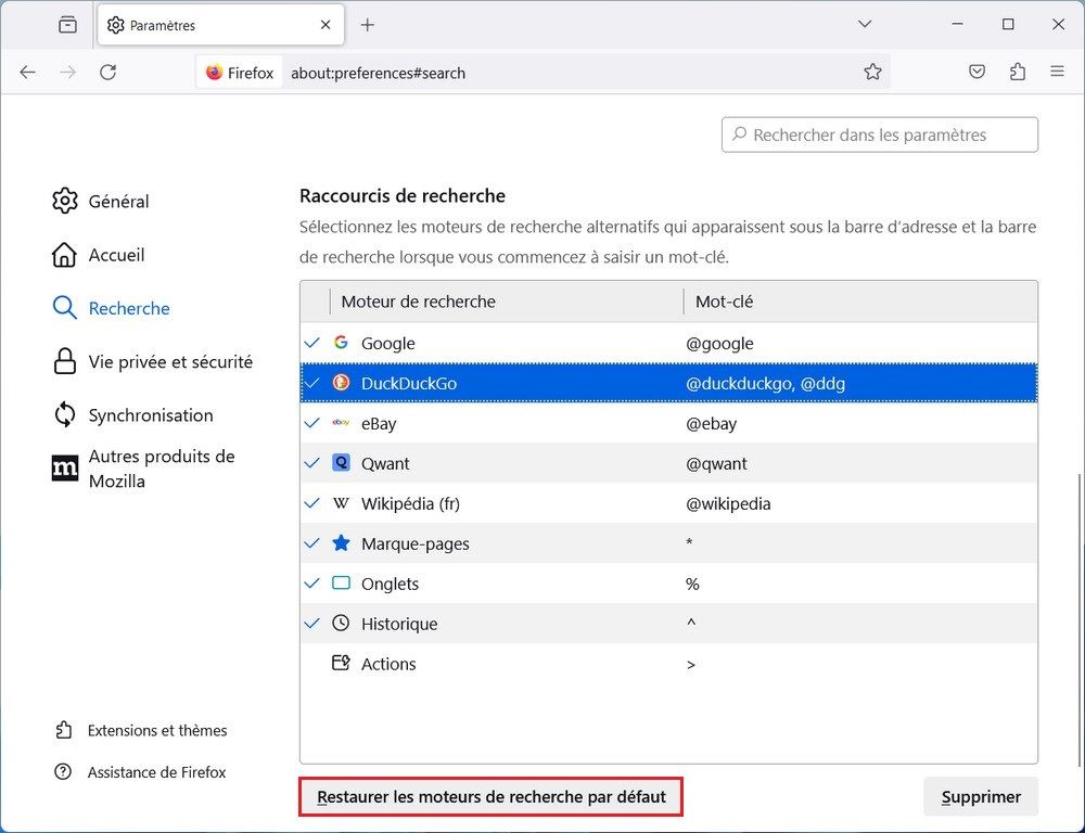 Restaurer le moteur de recherche par défaut