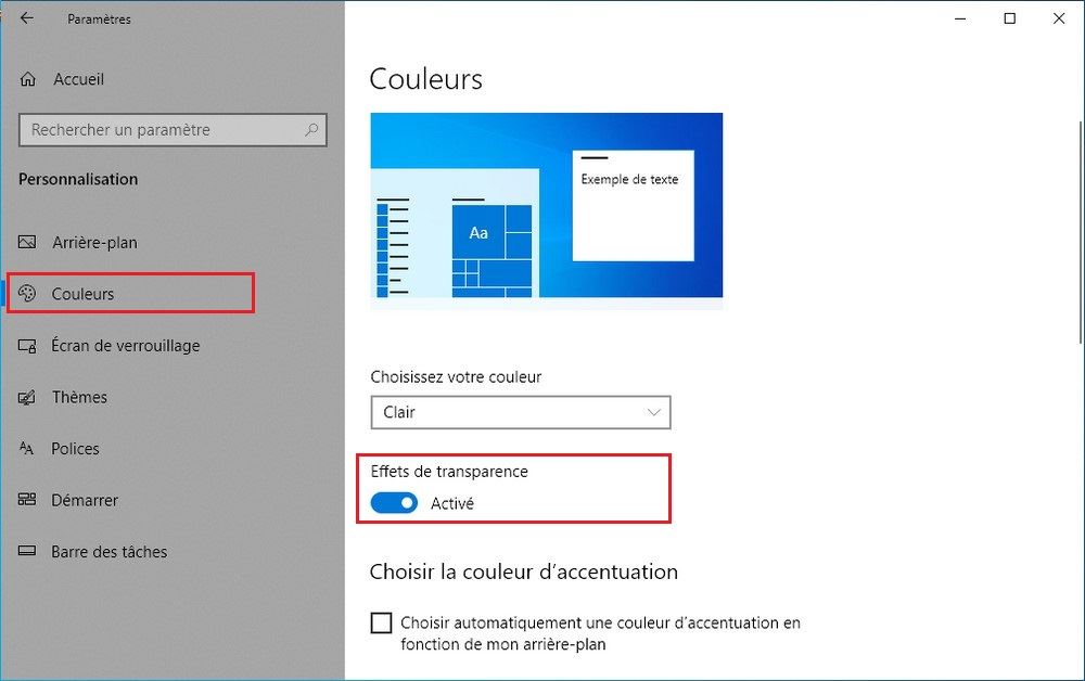 Désactiver les effets de transparence dans Windows 10