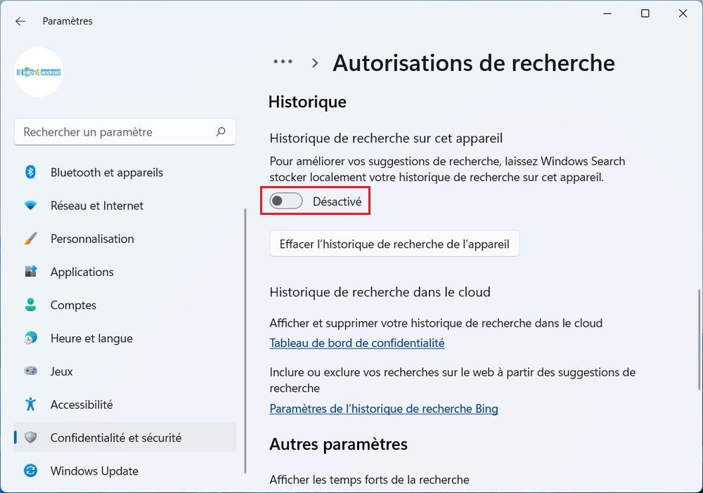 Désactiver l'historique de recherche