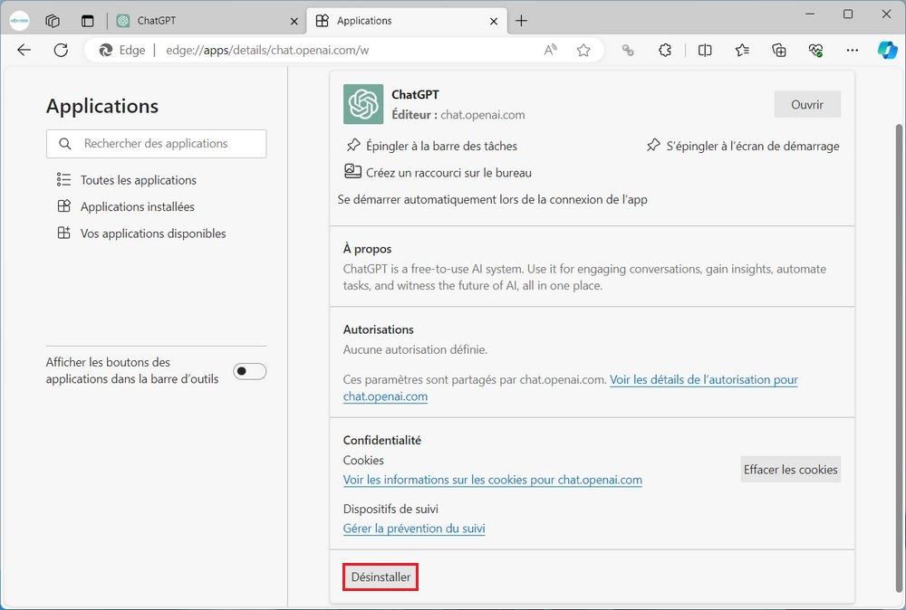 Désinstaller l'application ChatGPT de Microsoft Edge