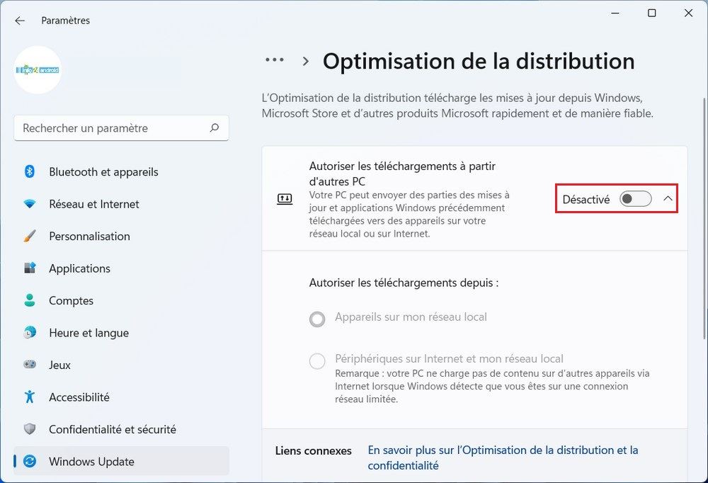 Désactiver l'optimisation de la distribution à partir des paramètres