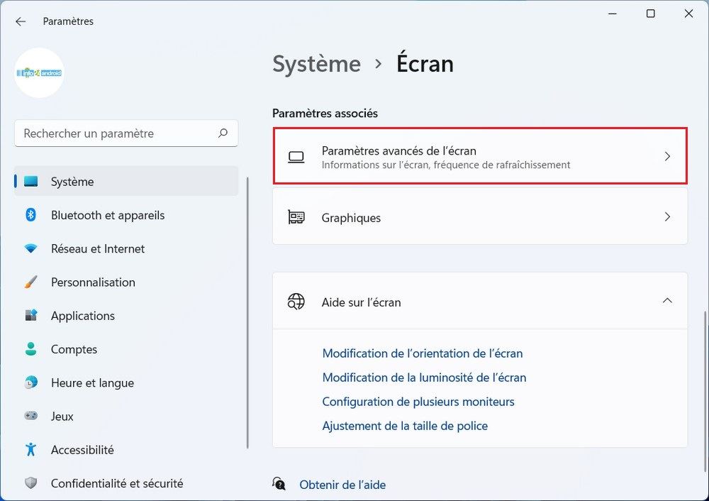 Paramètres avancés de l'écran