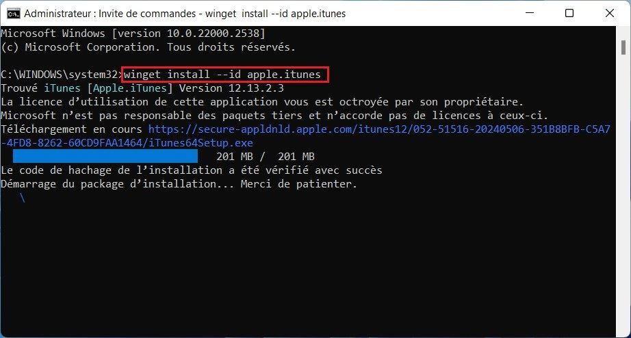 Installer iTunes à partir de l'invite de commande