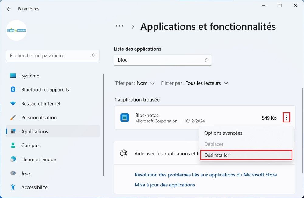 Désinstaller le Bloc-notes sur Windows 11
